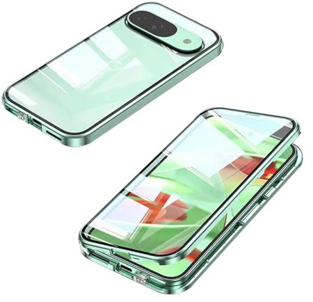 LIUKM Hülle für Google Pixel 9/9 Pro Magnetische Adsorption Handyhülle 360 Grad Stoßschutz Vorne hinten Gehärtetes Glas Schutzhülle Metallrahmen Case Handyhülle für Google Pixel 9/9 Pro - Grün