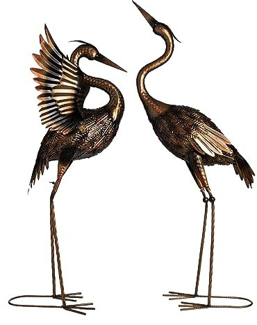 TERESA'S COLLECTIONS Yard Decorations Outdoor Garden Statues, Brass Metal Crane Yard Art, 25-26 Lawn Ornaments for Backyard,Outside Porch,Patio,Heron Decoy Bird Garden Decor,Set of 2,Gifts for Mom