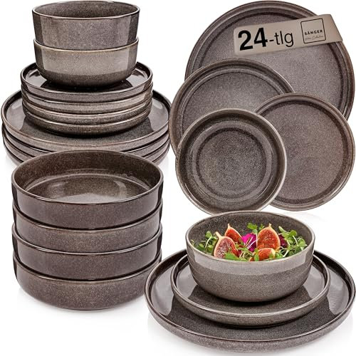 SÄNGER Kairo Graphit | Tafelservice 24 tlg, Steingut Geschirr Set 6 Personen, 6x Speiseteller 6x Dessertteller 6x Pastaschalen 6x Schalen Geschirrset & Schale Mocha Braun, Teller Set VALUE COLLECTION