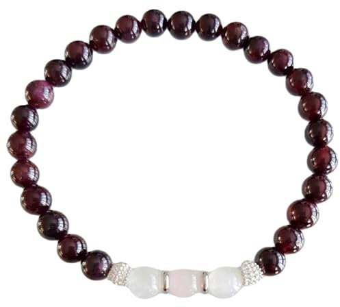 OPAL_WORLD OP_STRETCH_03389 Bracelet extensible en grenat naturel, pierre de lune et quartz rose de 8 mm de forme ronde pour homme et femme, 6.5 INCH (16.50 CM), Pierre précieuse, Grenat, pierre de