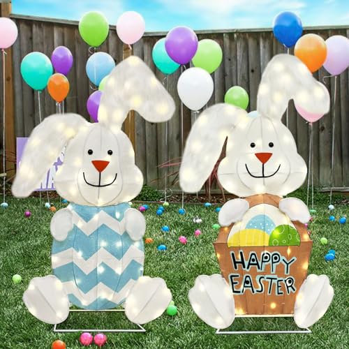 DELICHTER 2er Set Osterdeko Osterhase mit 120 Lichtern Eisen Rahmen Ostern Deko für Draußen und Drinnen Beleuchtete Große Geschenke für Ostern Geburtstag Frühling (90cm/Warmweiß)