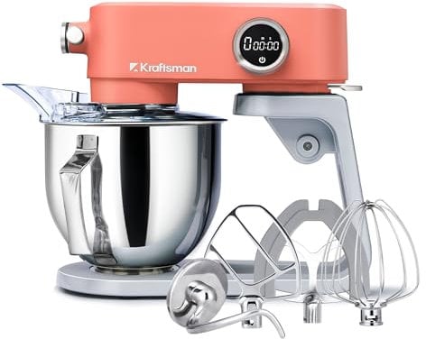 Kraftsman All-Metal Stand Mixer, 5L Kitchen Food Mixer for Baking with Stainless Steel Dough Hook, Whisk, Beater, Flexible Beater, Universal Attachment Hub, 8 Speeds & Timer Function (Orange)