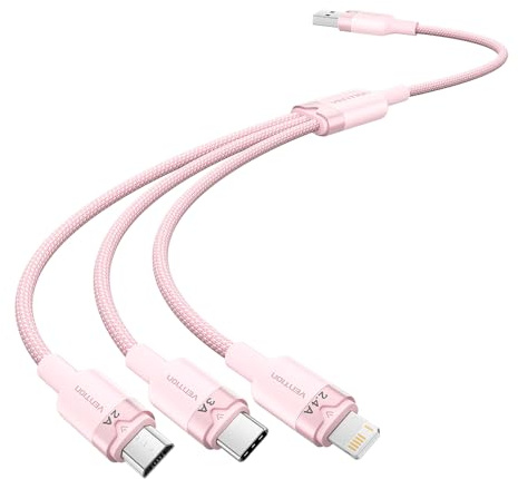 VENTION USB 2.0 A Male to 3-in-1 USB-C & Lightning & Micro-B Male 3A Cable 1.5m Pink Aluminium Alloy Type