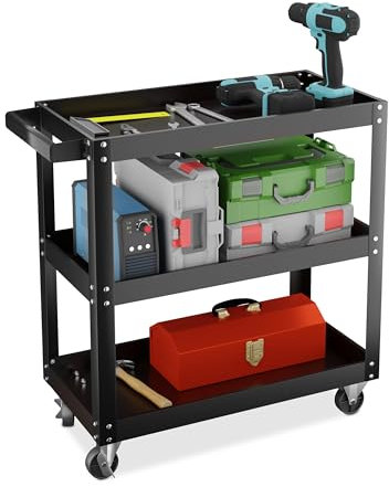 Relaxdays Carrello Portautensili Officina, Carrellino a 3 Ripiani Porta Attrezzi Lavoro, 76x78x35 cm, Max. 100 kg, Nero, Ferro, Acciaio, Gomma