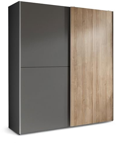 Stella Trading Berno Kleiderschrank in Graphit, Karlstad Eiche Ripado Optik - Vielseitiger Schwebetürenschrank 2-türig für Ihr Schlafzimmer - 170 x 196 x 58 cm (B/H/T)