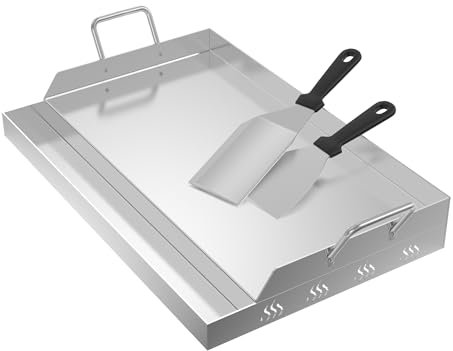 HENGMEI Grillplatte mit Griffe Edelstahl BBQ Universal Plancha für Kohle- und Gasgrills Grill Platte für Gleichmäßige Hitzeverteilung Grillschale mit Inbegriffen Grillspachtel (47x32cm)