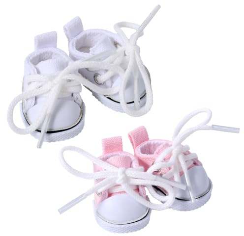 Lyreh 2 Paar Mini-Puppenschuhe, Süße Schnürschuhe aus Canvas für 17cm/15cm Große Plüschpuppen Griffbrettschuhe Spielzeug-Outfit-Accessoires (Rosa, Weiß)