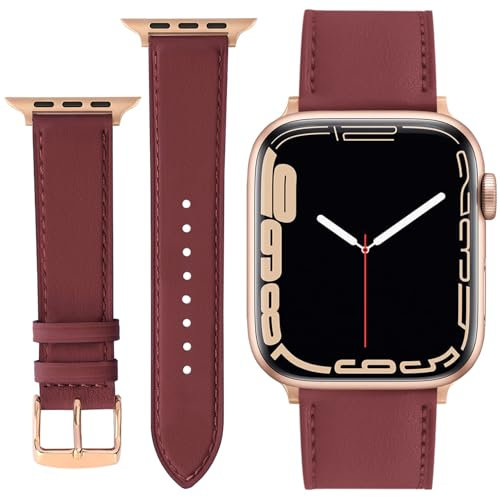 ONET8O Leather Strap Compatible with Apple Watch 42mm 44mm 45mm 49mm Replacement Genuine Leather Bands for iWatch Series Women and Men Watch Wristband (42mm 44mm 45mm 49mm) Dark Red