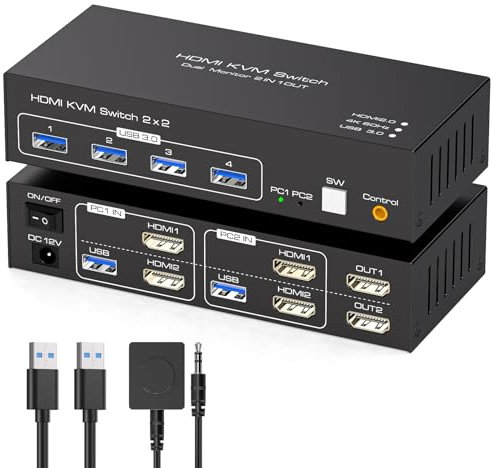 TJCXELE HDMI 4K60Hz KVM Switch 2 PC 2 Monitores Para 2-Ordenadores que comparten 4 Periféricos USB 3.0 y Soporta el Modo Copy&Extend con USB Cable