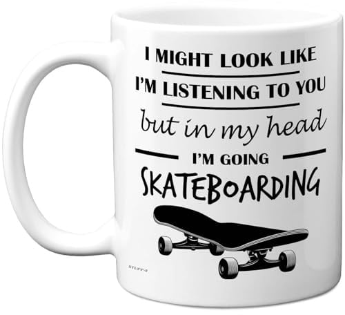Stuff4 Skateboarding, in My Head Mug | Funny Gift for Skateboarding Lover Women and Men, 11oz Premium Ceramic Dishwasher Safe White Handle Mugs Novelty Cup