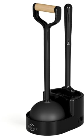 Sellemer Toilet Brush and Plunger Set, Curved Design Head for Deep Cleaning, Heavy Duty Toilet Bowl Brush and Plunger Combo with Holder for Bathroom Cleaning, Black, 1 Pack