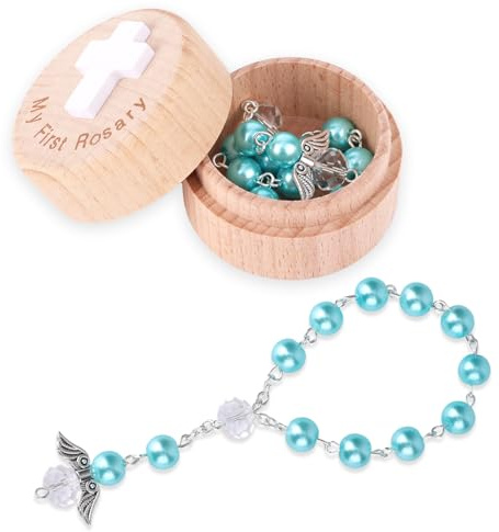 Fukaisu Il Mio Primo Rosario, Regalo per il Battesimo, Scatola Ricordo Battesimo e Braccialetto Rosario con Ali d'Angelo Regalo di Perline Prima Comunione Cattolica per Baby Shower (Azzurro)