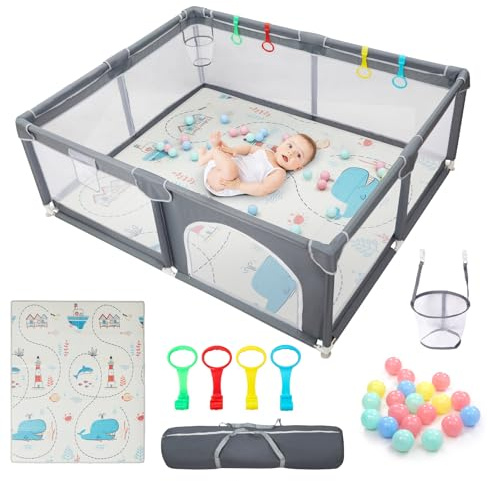 CHOLY Laufstall Baby mit Matratze 180x150 cm, Laufgitter für Babys und Kleinkinder mit sichtbarem atmungsaktivem Netz Schaumstoffschutz, Extra großer Spielplatz innen und außen (Wal)