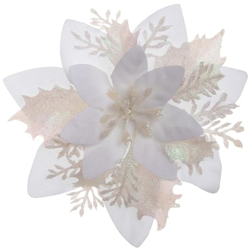 15 Stück Poinsettia Künstliche Blumen Dekorationen, Glitter Weihnachtsblumen Ornamente, Weihnachtsbaum Dekorationen Blumen, mit Clips für Weihnachten/Kranz/Girande Dekor, 14cm weiß