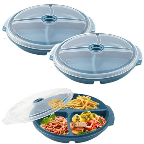 Luckwaii Microwave Dishes with Lids, 3 Pack Round Divided Plate | Microwavable Food Containers Stackable with Steam Release Vent for Leftovers Snacks Packed Lunches,Freezer & Dishwasher Safe