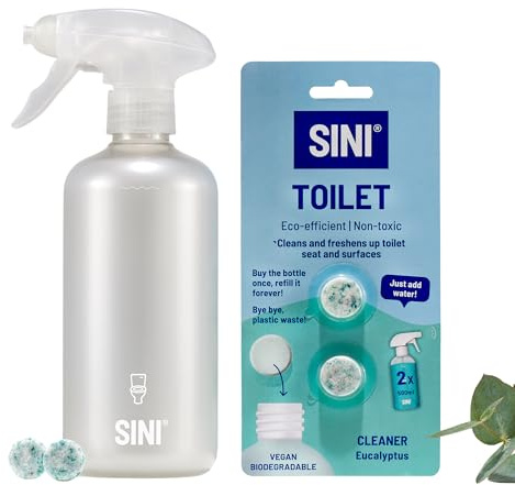 SINI All Purpose Surface Cleaning Kit | Toilet Cleaner Limescale Remover | Eco Friendly Refill Spray Bottle | Biodegradable Shower, Sink, Toilet Tablets | Crisp Eucalyptus Scent