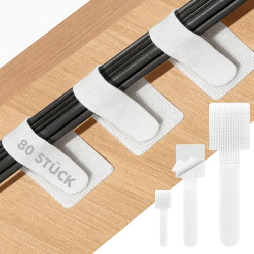 shinfly 80 PCS Under Desk Cable Management, Self Adhesive Tidy Clips, White | 3 Sizes Reusable Hook and Loop Cable Tidy Clips for Desk, PC, TV, Router & Home Office