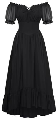 SCARLET DARKNESS Women Renaissance A-Line Dress Off Shoulder Long Sleeve Smocked Waist Tiered Long Maxi Dresses with Pockets Black S