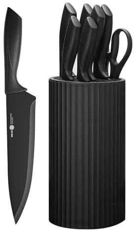 NULAS Knife Set, 8-Piece Kitchen Knife Set with Universal Block - Anti-Rust Chef Knives, Ergonomic Design, Dishwasher Safe (Black)