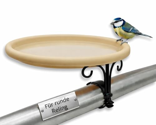 Vogeltränke Balkon für runde Rohre & Geländer – Großes Vogelbad mit Gummihalterung – Winterfest – Einklipsbare Schale – Für Balkon & Garten (Beige)