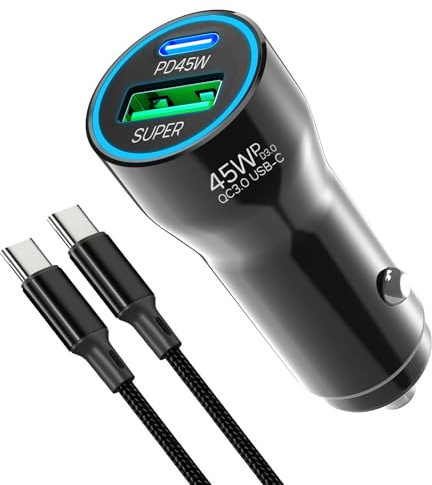USB C Car Charger Fast Charge with 60W Type C Cable for Samsung S26 Ultra S25 S24 S23 A56 5G A55 A17 A16 A15, PD45W & QC30W Fast Car Phone Charger Cigarette Lighter Adapter for iPhone 17 Pro Max 16 15