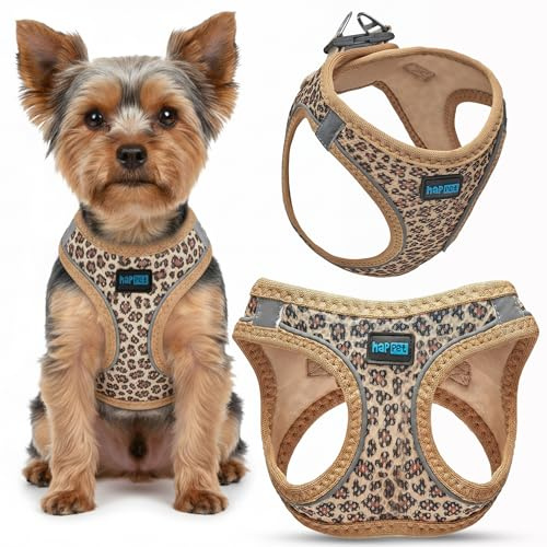 Happet Hundegeschirr XS für kleine Hunde – atmungsaktives Air-Mesh Brustgeschirr, weich gepolstert, leicht & verstellbar, reflektierend, komfortabel & stylisch, Softgeschirr für Hunde, Leopard