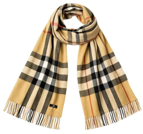 KARMA.DIEM XXL Karo Schal Damen & Herren – Eleganter Ganzjahres Wrap 175x66 cm – Weiches Cashmere Feel Fashion Tuch – Leichtes Unisex Accessoire - Camel