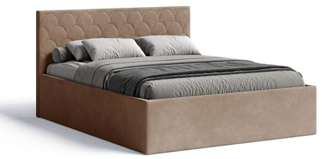 Meblofun Polsterbett Radius mit Kopfteil, 180x200 cm, Doppelbett mit Bettkasten und Lattenrost aus Holz, Velourstoff, Farbe: Hellbraun