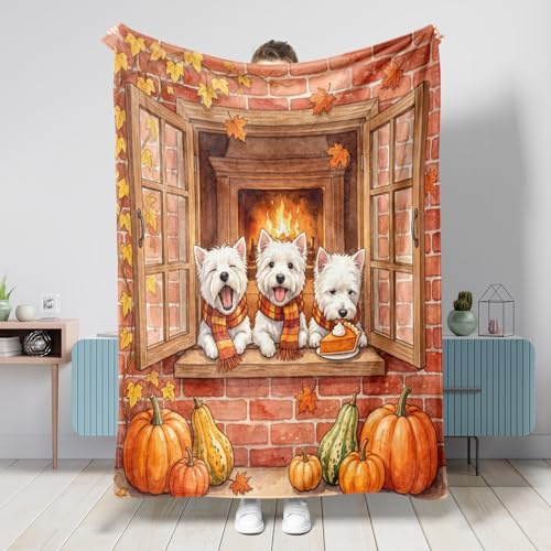 Fall Westie Hunde-Überwurfdecke, 152,4 x 203,2 cm, Herbst-Fernhausfenster, weiche, gemütliche, flauschige Decke für Couch, Wohnzimmer, Strand, Reisen, rustikale Landhaus-Sofa-Dekorationen