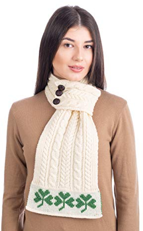 100% Merinowolle Aran Loop Schal mit Kleeblattmuster für Damen, in Natur/Marine/Grün (Natur)