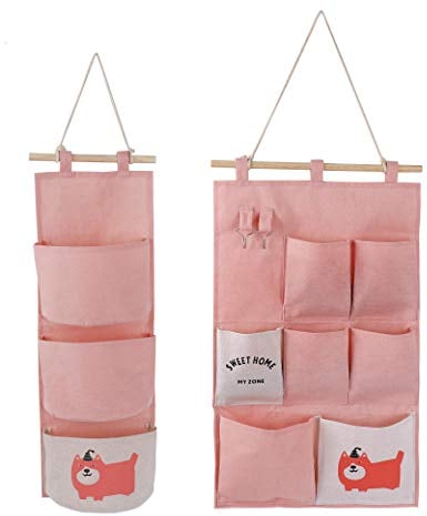 Borsa Portaoggetti da Parete 2 Stili Stoffa Organizzatore in Lino con Piccole Tasche per Casa Ufficio 2 PCS (ROSA)