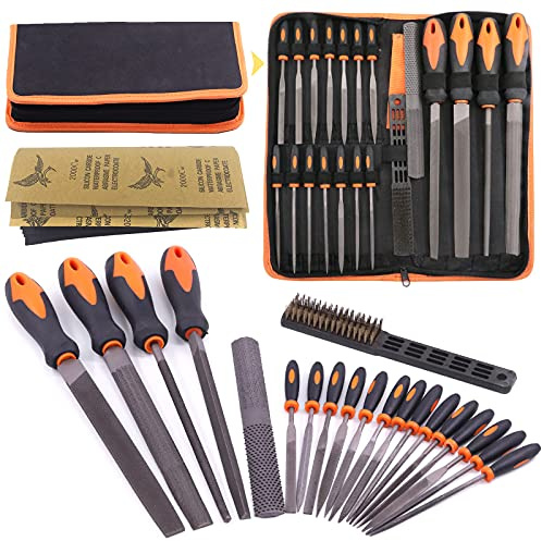 Mardatt 24Pcs Professional Metal File Set Tools Include 4 Large Hand Files 1 Rasp Tool 14 Needle Files 1 Wire Brush and 4 Sandpapers W Zipper Case for DIY Craftwork, Shaping Metal, Wood, Plastic