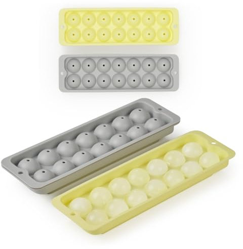 Blumtal Silikon Eiskugelform 2x14er - Eiswürfel Rund Ø 3cm - Runde Eiswürfelform 2x - BPA freie Silikonform Eiswürfel rund - Ice Ball Maker - Eiskugelformer-Runde Eiswürfel - Ultimate Grey und Yellow