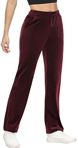 COZZIPLUS Pantalones de terciopelo suave para mujer, pantalones de terciopelo para mujer, pierna recta, cintura alta, pantalones de salón con bolsillos, Vino, S