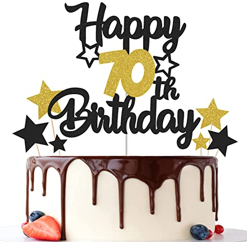 Gidobo 70th Birthday Cake Toppers, Black Gold Glittery Cake Decorations with Stars, Seventy Years Old Birthday Party Supplies for Men and Women