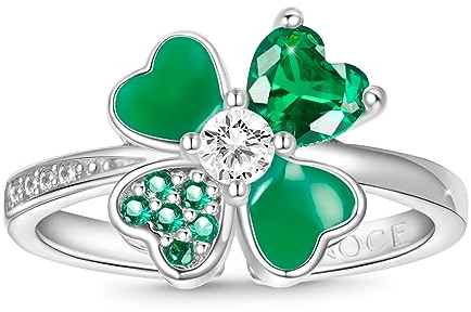 GNOCE Patricks Day irische vierblättrige Kleeblatt Kleeblatt Ringe für Frauen Herz 925 Sterling Silber Prom Mode grün Liebe Diamant Kristall Smaragd Schmuck (Silver 9)