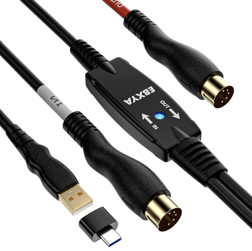 EBXYA Câble USB MIDI 5 broches Clavier convertisseur entrée/sortie MIDI de 2 m pour PC/Mac/ordinateur portable pour le traitement de la musique et l'enregistrement de pistes avec Windows/Mac
