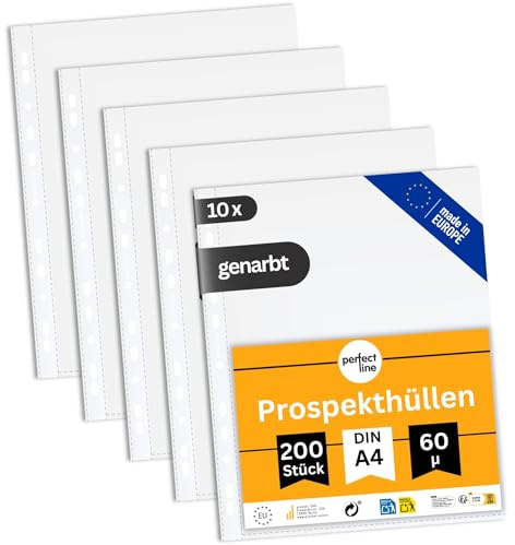 perfect line 2.000 Prospekthüllen DIN-A4, Klarsichtfolien transparent, genarbt, dokumentenecht, säurefrei - (10 x 200 Stk.)