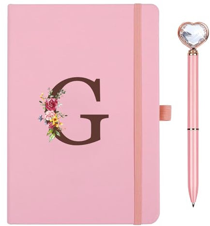 Taccuino Appunti di Viaggio in Pelle PU con Penna Diamante Cuore Rosa Quaderno Scrittura A5 iniziale Diario quaderni per donne ragazza Compleanno Pasqua Festa Della Mamma Regalo per Amica Studenti(G)