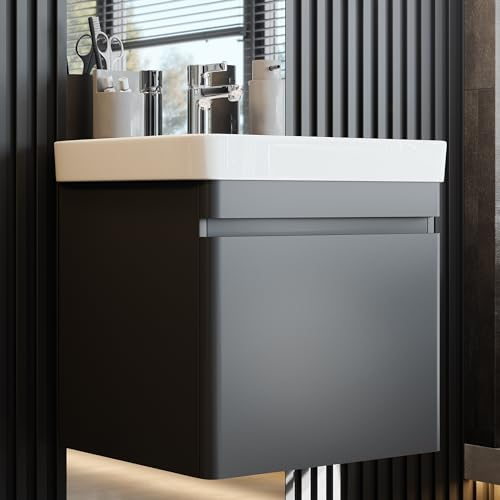 Newroom Waschbeckenunterschrank inkl. Waschbecken lackiert - Anthrazit matt - Hängend - mit viel Stauraum - 50x54x50 cm (BxHxT) - Badezimmermöbel, Waschtisch, Unterschrank