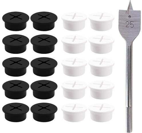 20 Pcs Flexible Rubber Grommet Set with Drill Bit, Silicone Desk Grommet, 1 Inch Cable Cord Grommet for PC, Wire Hole Cover for Desk Table and Other Furniture Management (Black, White)