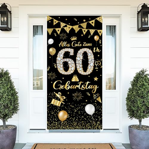 Deko 60. Geburtstag Banner Mann Frau,60 Geburtstag Deko,Alles Gute zum Geburtstag Banner 60 Geburtstag,Lange Größe Schwarzes Gold 60 Geburtstag Party Deko Für Frauen und mann 185 × 90 cm