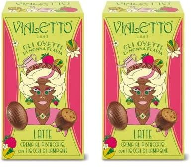 Vialetto Ovetti di Cioccolato Nonna Flavia| Cioccolato al Latte, Crema al Pistacchio e Fiocchi di Lampone| Ovetti Monodose a Caramella da 8 gr cad.| Astuccio in Carta Certificata FSC da 150 gr