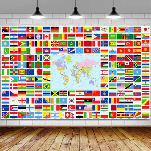 Flags of the World Banner Hintergrund, Weltflaggen, großes Banner, Party-Dekorationen, Länderflaggen International für Kinder, Innen- und Außenbereich, Poster, Hintergrunddekoration, 183 x 111 cm