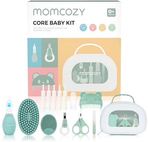 Momcozy Core Baby Kit, Baby Essential Kit for Grooming & Health & Cleansing Care, Includes Nail File Kits, Nasal Aspirator, Gas Relief Tubes, Bath Brushes, Toothbrush, Comb, Portable Storage Case