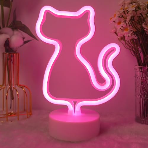 JEMESI Katzen-Neonschild, Batterie/USB, Rosa LED-Tischdekoration für Mädchenzimmer, niedliche Lampe, ästhetische Geschenke für Geburtstagsparty, Hochzeit