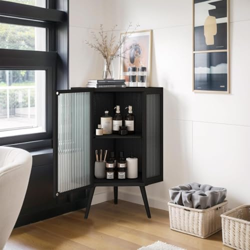YIJIEHH Eckschränke Für Kleine Räume, Moderne Eckschrank Mit Verglastüren Aus Hartglas, Eckschrank Für Kleine Wohnungen, Freistehender Metall-Ecktisch Und Regal Für Badezimmer, Küche-Schwarz