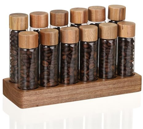 IGNPION Single Dose Coffee Bean Storage Tubes-Coffee Bean Cellar with Wooden Display Stand with 12pcs Tubes- Dosing Glass Vials With Lids for Cafe, Tea, Spices (60ml+50ml)