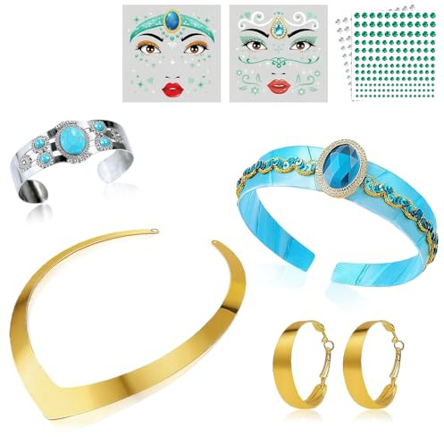 Sunwuun 8 Stück Karneval Jasmin Kostüm Damen und Kind,Prinzessin Kostüm Damen & Mädchen,Glitzersteine Gesicht,Krone Haarschmuck,Halskette,Ohrringe und Armbänder Schmuck Set