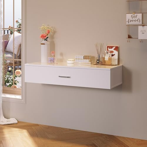 SONNI Schminktisch, Frisierkommode mit großer Schublade mit Unterteilungen, Hängend, Nachttisch, Frisiertisch, Kosmetiktisch, Computertisch, Bürotisch, moderner Tisch, Weiß,100x36.5x20cm, GTD013
